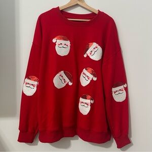 Red Santa Face Sweater Top Oversized Long Sleeved